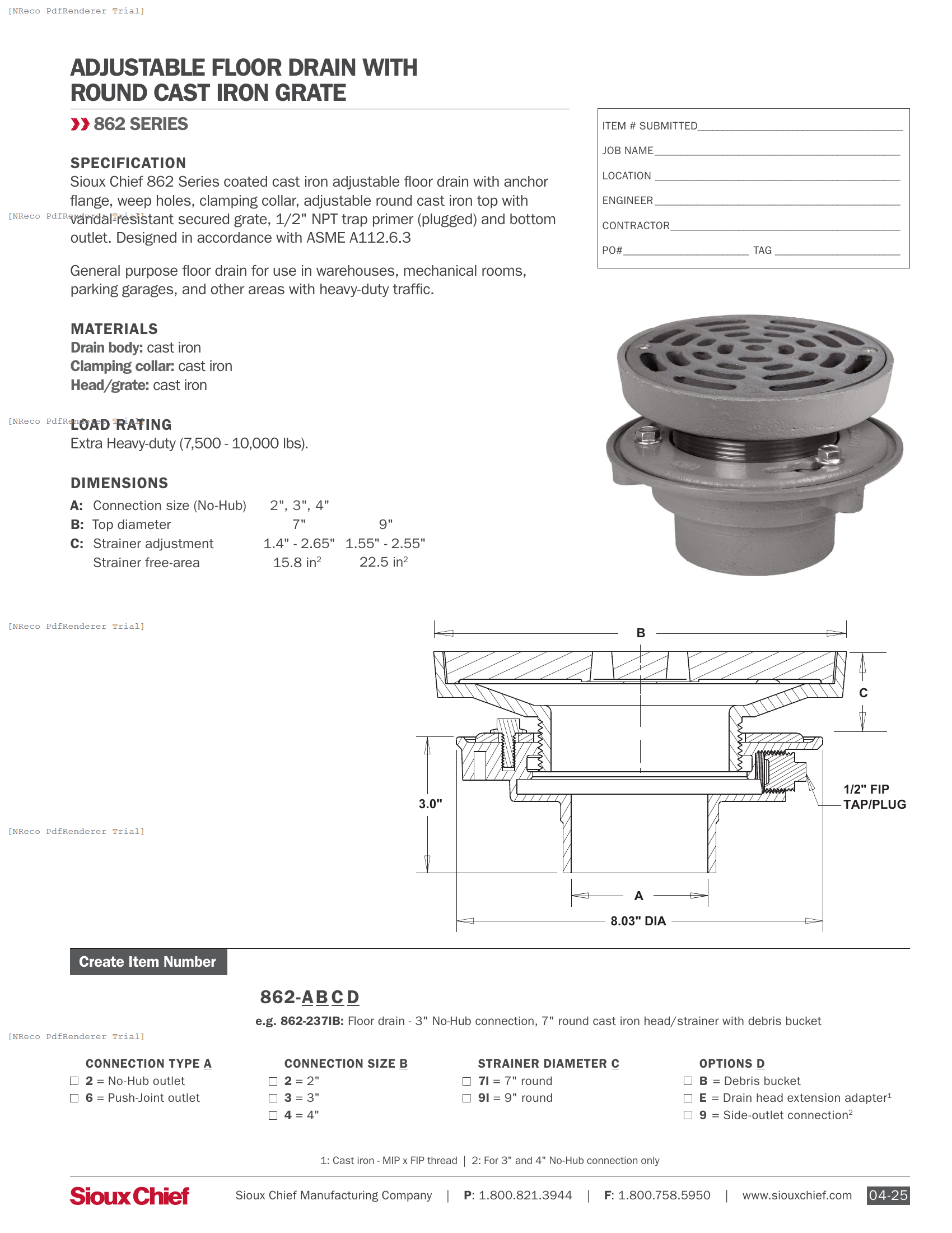 862 SERIES - ADJUSTABLE FLOOR DRAIN WITH ROUND HD GRATE - SPEC SHEET.PDF Specification Document